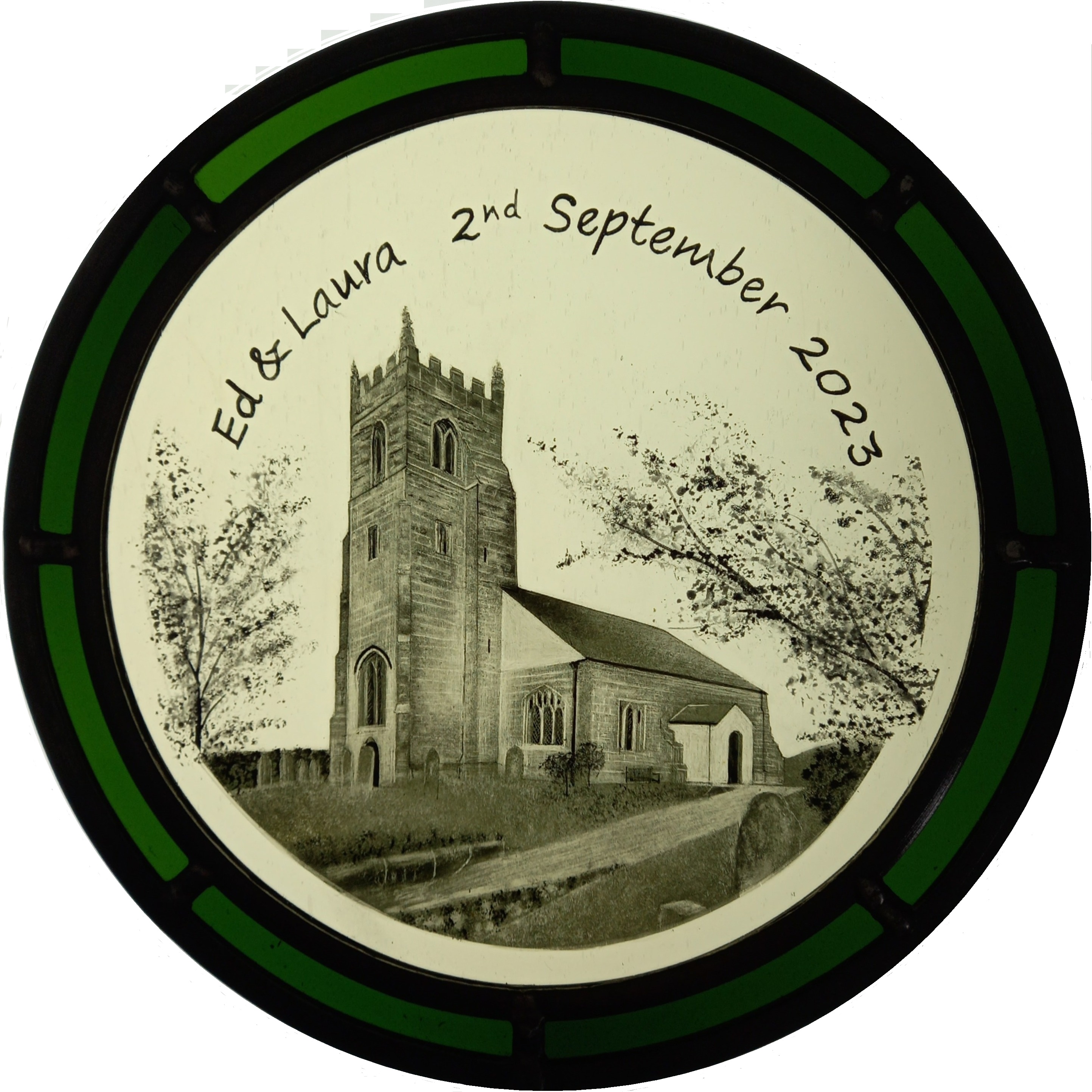 Commemorative Roundel — Country Church — stained glass by Eleanor Carr